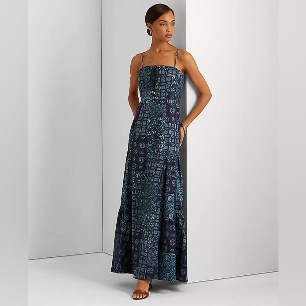 NWT Lauren Ralph Lauren Patchwork Crepe Sleeveless Gown in blue multi.